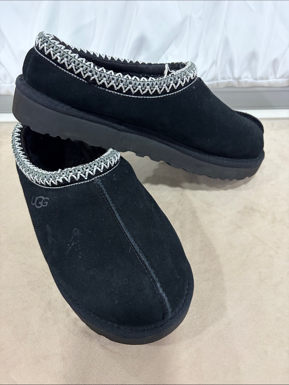 UGG Black Suede Slip-On Clog with Knit Collar